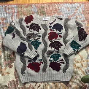 Vintage Norm Thompson Wool Leaf Design Grey Sweater Size L